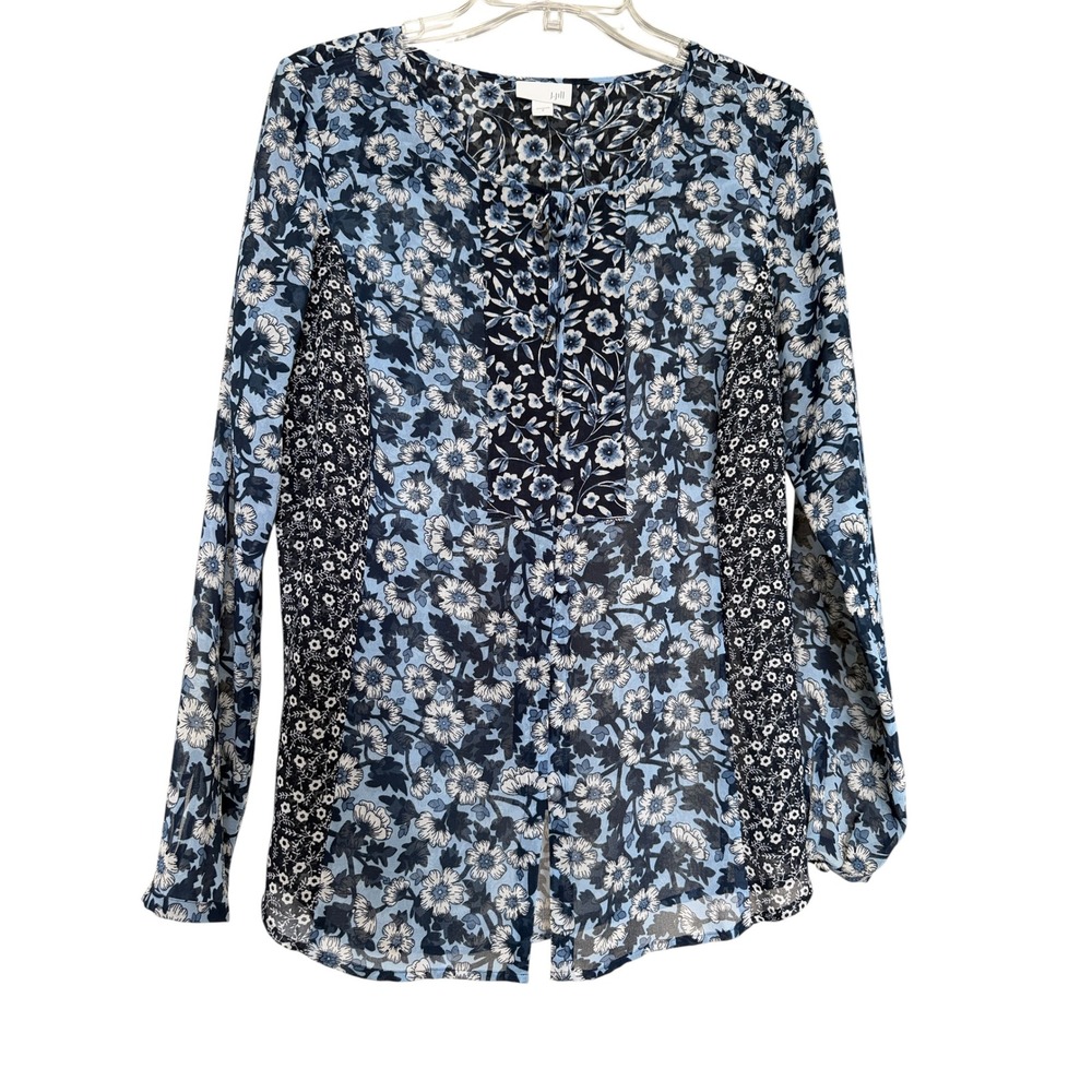 J. Jill Blue Mixed Ditsy Floral Print Split Neck Tie Blouse Long Sleeve Small